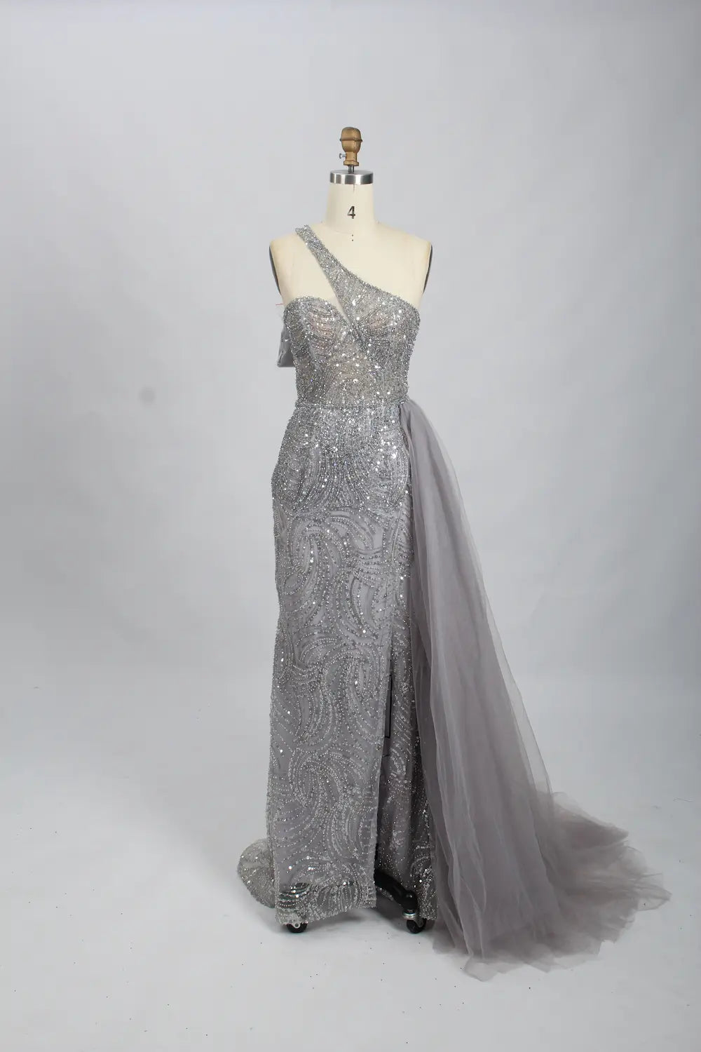 Slate Blue Draped Fit-and-Flare Mother of the Bride Dress with a Draped Sleeve MK100