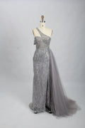 Silver Gray Modern One Shoulder Beaded Mermaid Evening Dress MK098