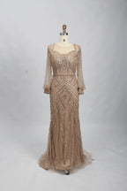 Taupe Embellished Fit-and-Flare Mother of the Bride Dress with Long Sleeves MC084