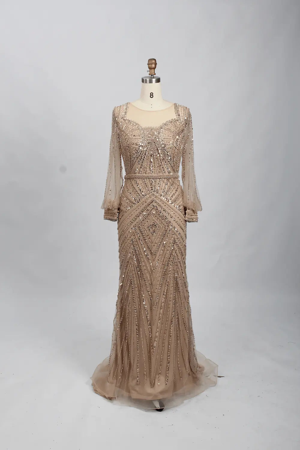 Taupe Embellished Fit-and-Flare Mother of the Bride Dress with Long Sleeves MC084