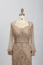 Taupe Embellished Fit-and-Flare Mother of the Bride Dress with Long Sleeves MC084