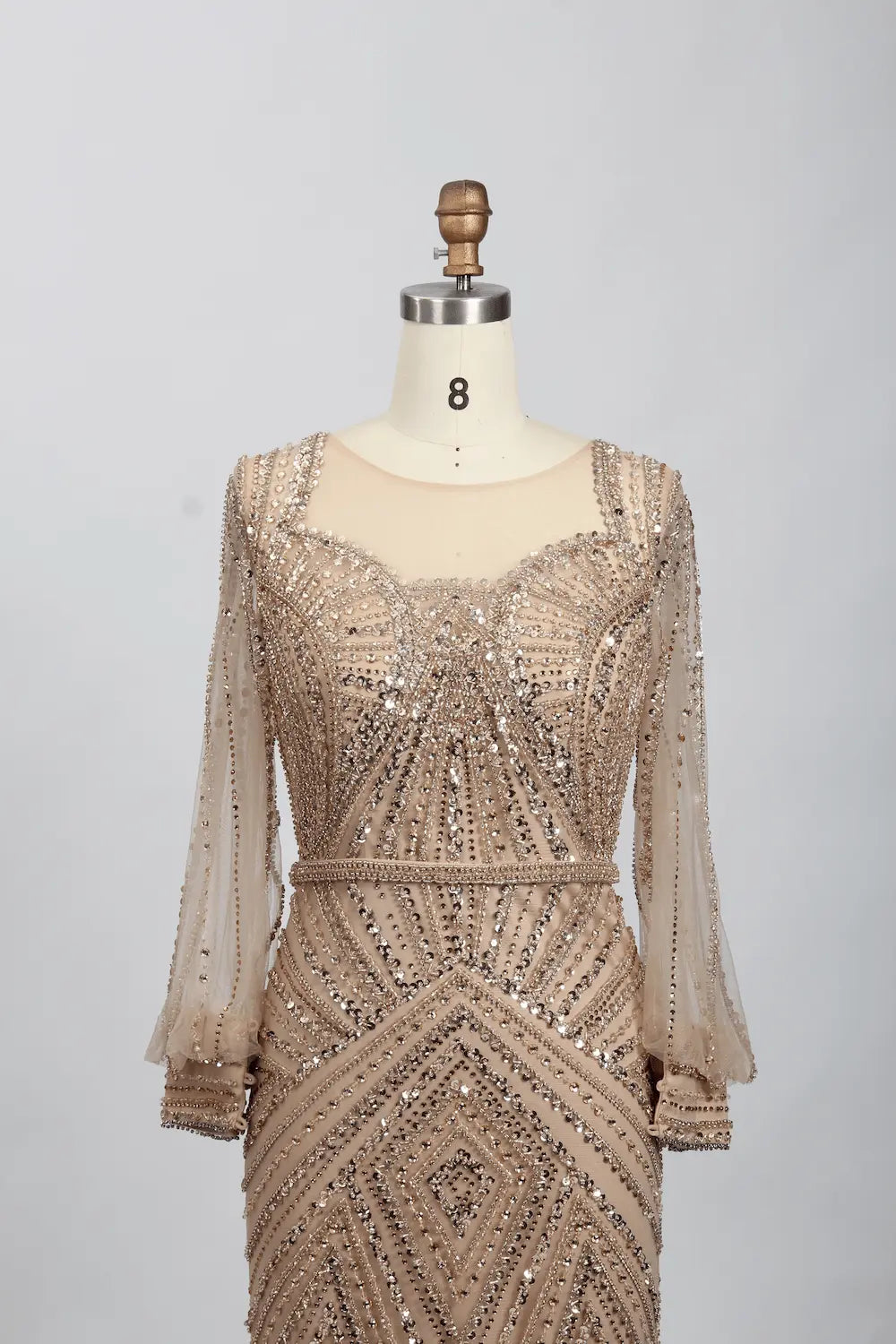 Taupe Embellished Fit-and-Flare Mother of the Bride Dress with Long Sleeves MC084