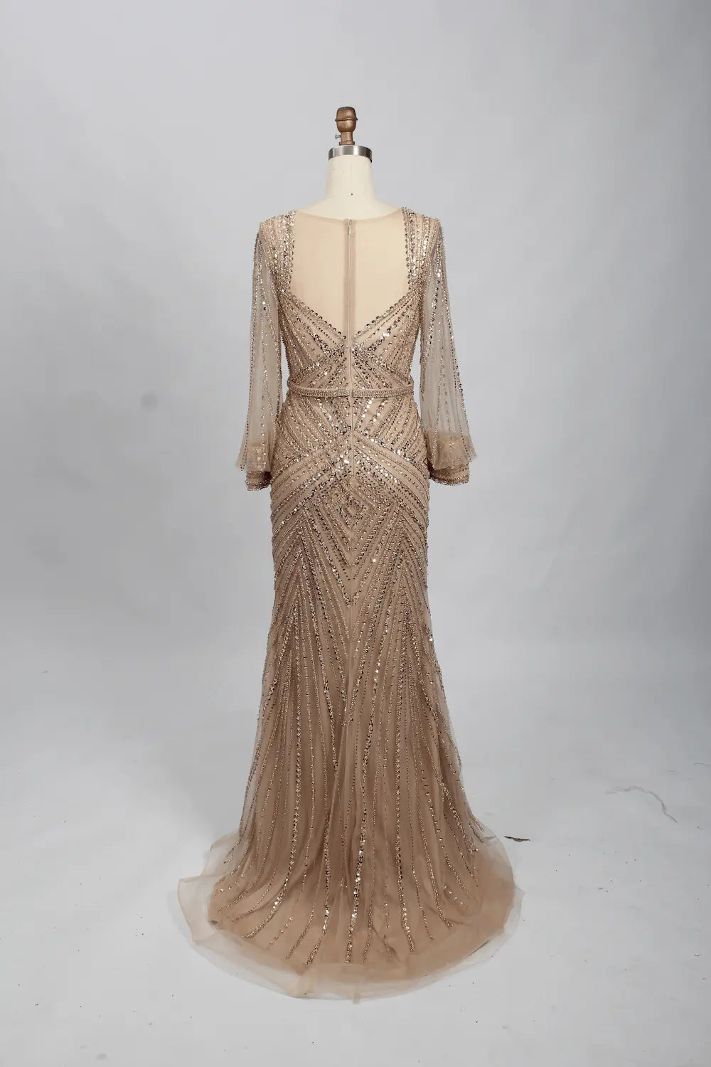 Taupe Embellished Fit-and-Flare Mother of the Bride Dress with Long Sleeves MC084