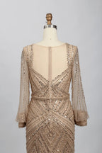 Taupe Embellished Fit-and-Flare Mother of the Bride Dress with Long Sleeves MC084