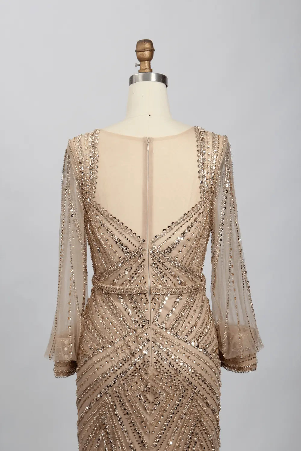 Taupe Embellished Fit-and-Flare Mother of the Bride Dress with Long Sleeves MC084