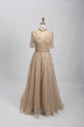 Champagne Beaded A-Line Mother of the Bride Dress with Short Sleeves MC070
