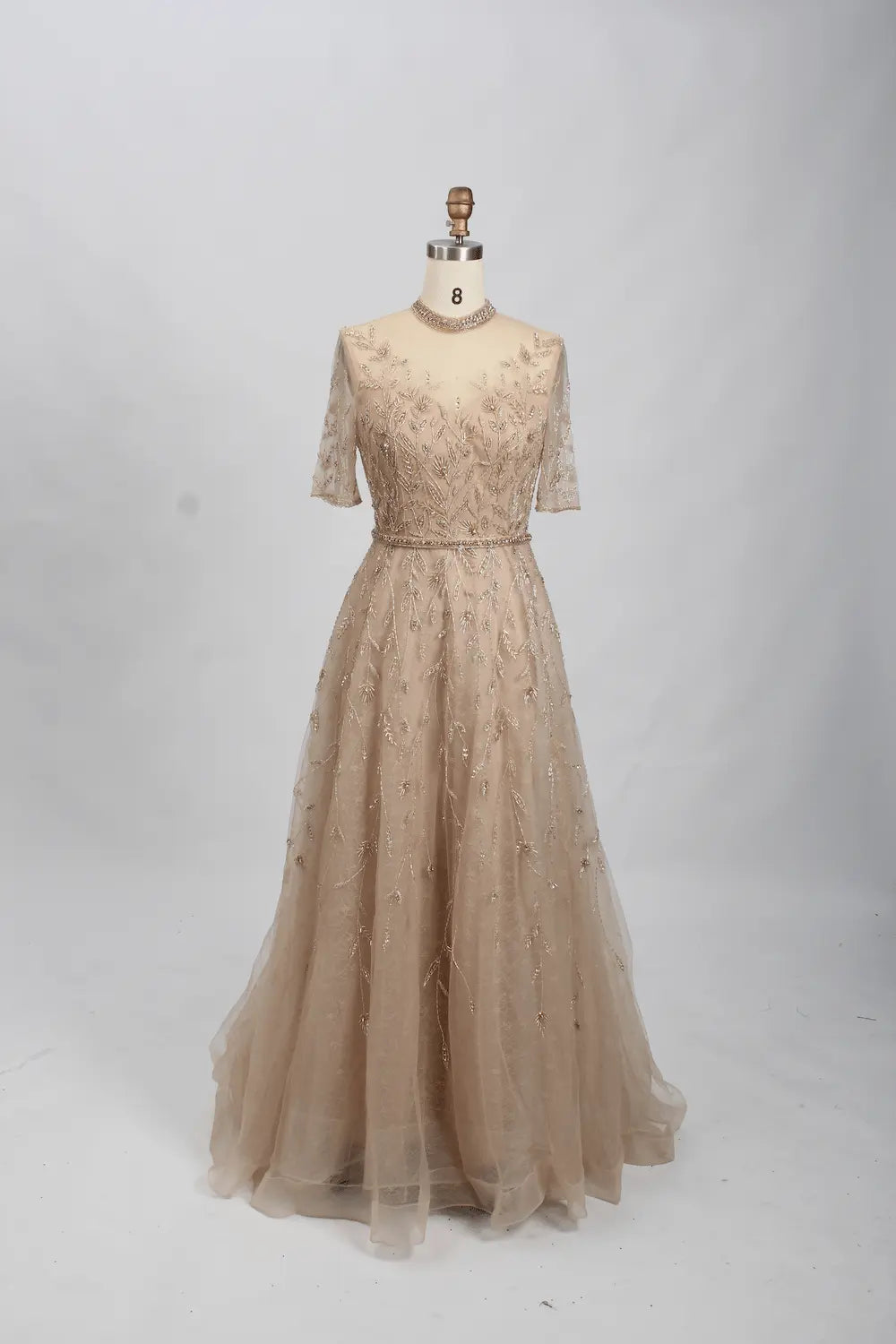 Champagne Beaded A-Line Mother of the Bride Dress with Short Sleeves MC070