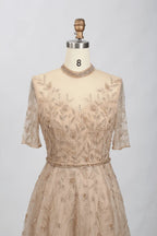 Champagne Beaded A-Line Mother of the Bride Dress with Short Sleeves MC070