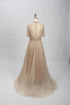 Champagne Beaded A-Line Mother of the Bride Dress with Short Sleeves MC070