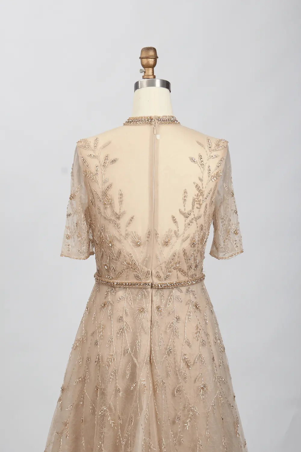 Champagne Beaded A-Line Mother of the Bride Dress with Short Sleeves MC070