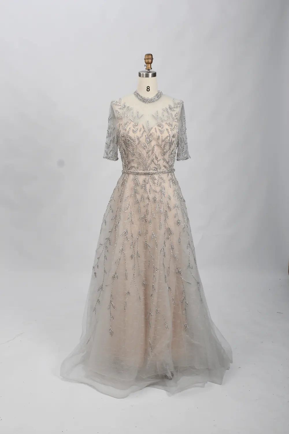 Champagne Beaded A-Line Mother of the Bride Dress with Short Sleeves MC070