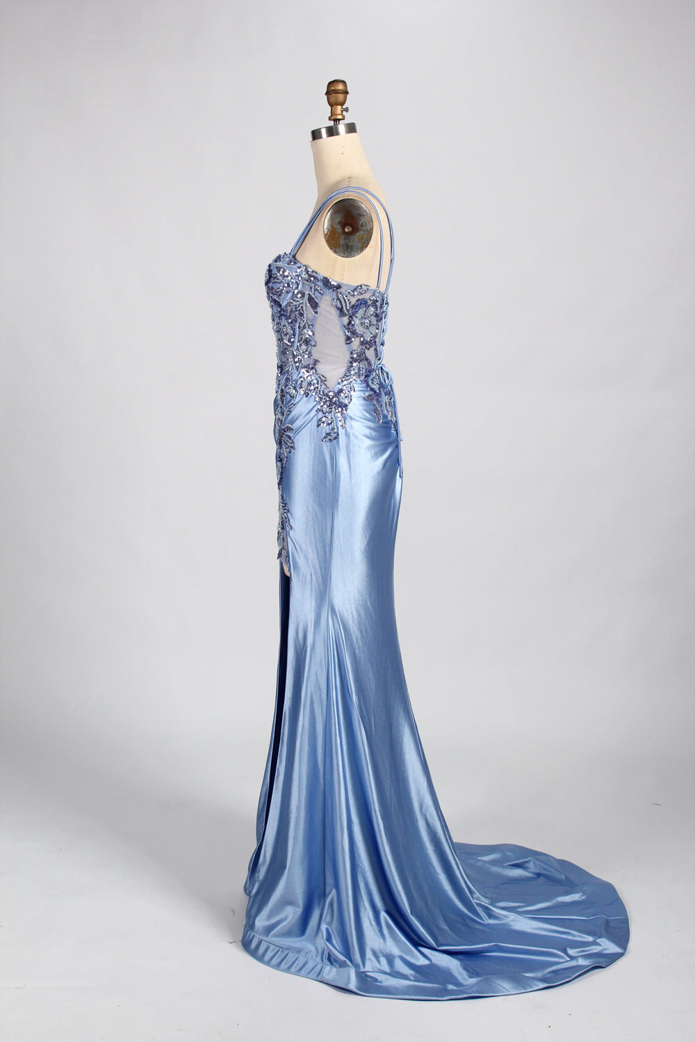 Wholesale Elegance Satin Lace Slit Prom Dress 33038