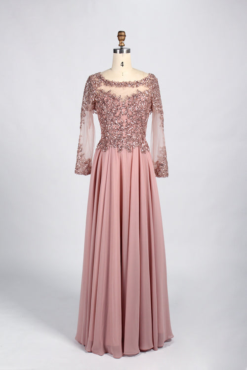 Front view of an elegant dusty rose A-line mother of the bride dress featuring a scoop neck sheer tulle bodice with shimmering sequin embellishments, sheer long sleeves with sequin cuffs, and a long flowing floor-length chiffon skirt, ideal for weddings or formal banquets and available for bulk production or wholesale ordering.