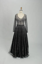 Silver Beaded Long Sleeve V-Neck A-Line Mother of the Bride Dress MK124