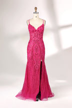 A mannequin showcases a hot - pink, fully beaded gown. It has thin straps, a deep V - neck, and a high side slit. The intricate beadwork adds glamour, making it perfect for formal events like galas or proms, radiating elegance and style.1