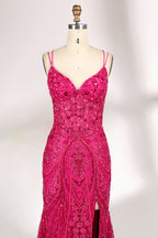 A mannequin showcases a hot - pink, fully beaded gown. It has thin straps, a deep V - neck, and a high side slit. The intricate beadwork adds glamour, making it perfect for formal events like galas or proms, radiating elegance and style.3