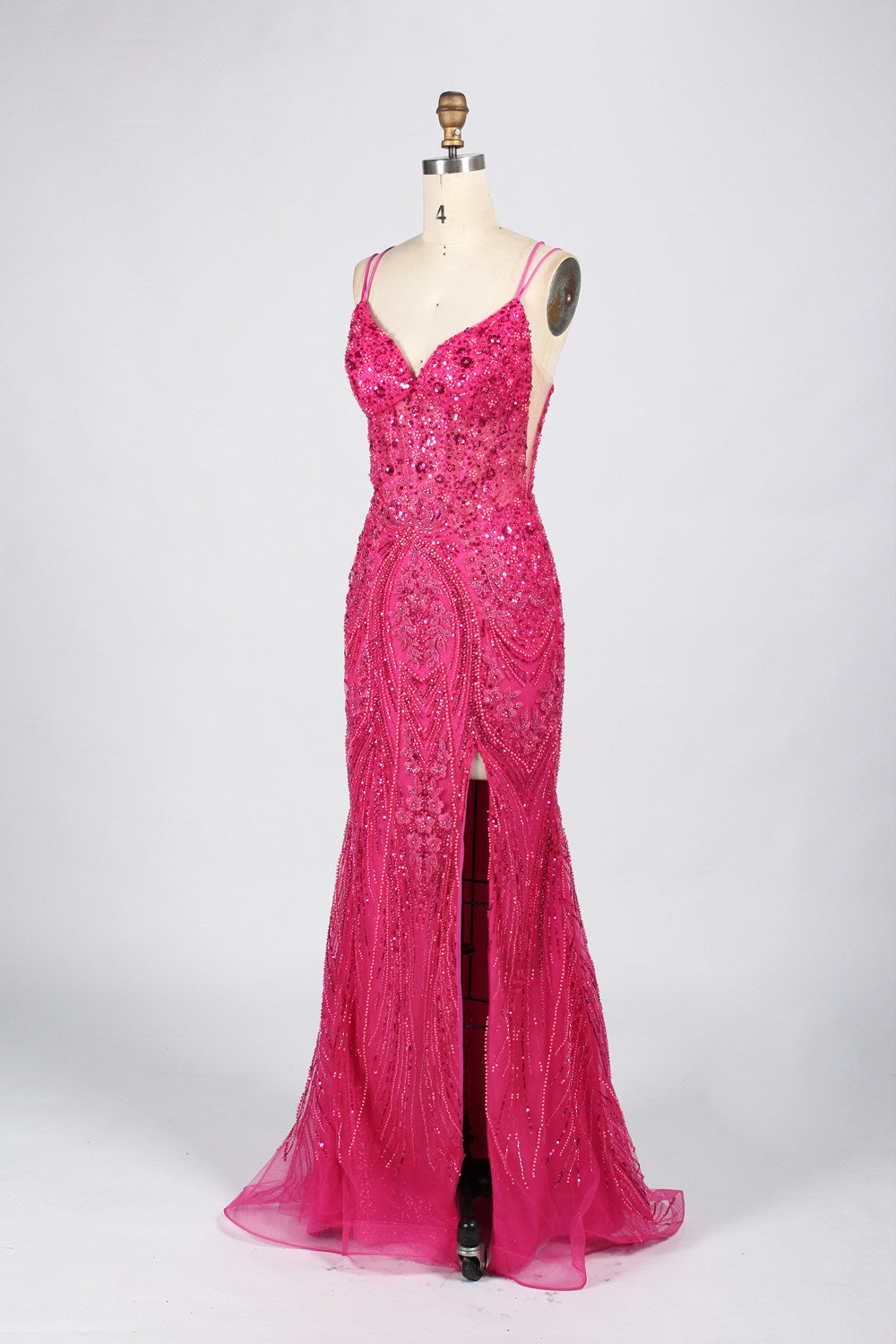 Elegant Sequin & Beaded V-Neck Prom Dress—Wholesale 33043