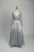 Silver Beaded Long Sleeve V-Neck A-Line Mother of the Bride Dress MK124