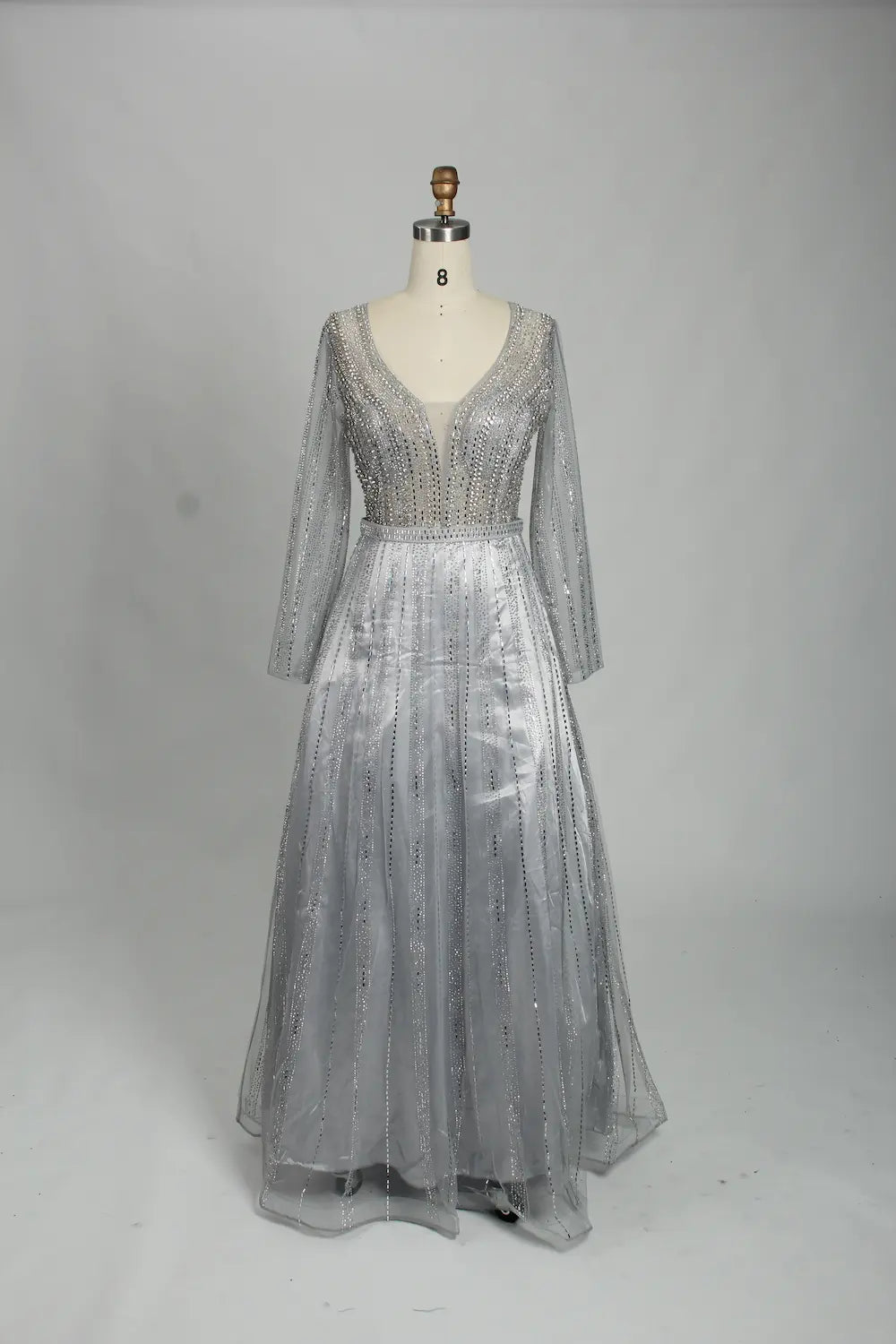 Silver Beaded Long Sleeve V-Neck A-Line Mother of the Bride Dress MK124