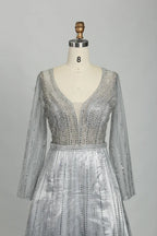 Silver Beaded Long Sleeve V-Neck A-Line Mother of the Bride Dress MK124