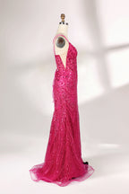A mannequin showcases a hot - pink, fully beaded gown. It has thin straps, a deep V - neck, and a high side slit. The intricate beadwork adds glamour, making it perfect for formal events like galas or proms, radiating elegance and style.5