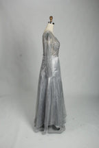 Silver Beaded Long Sleeve V-Neck A-Line Mother of the Bride Dress MK124