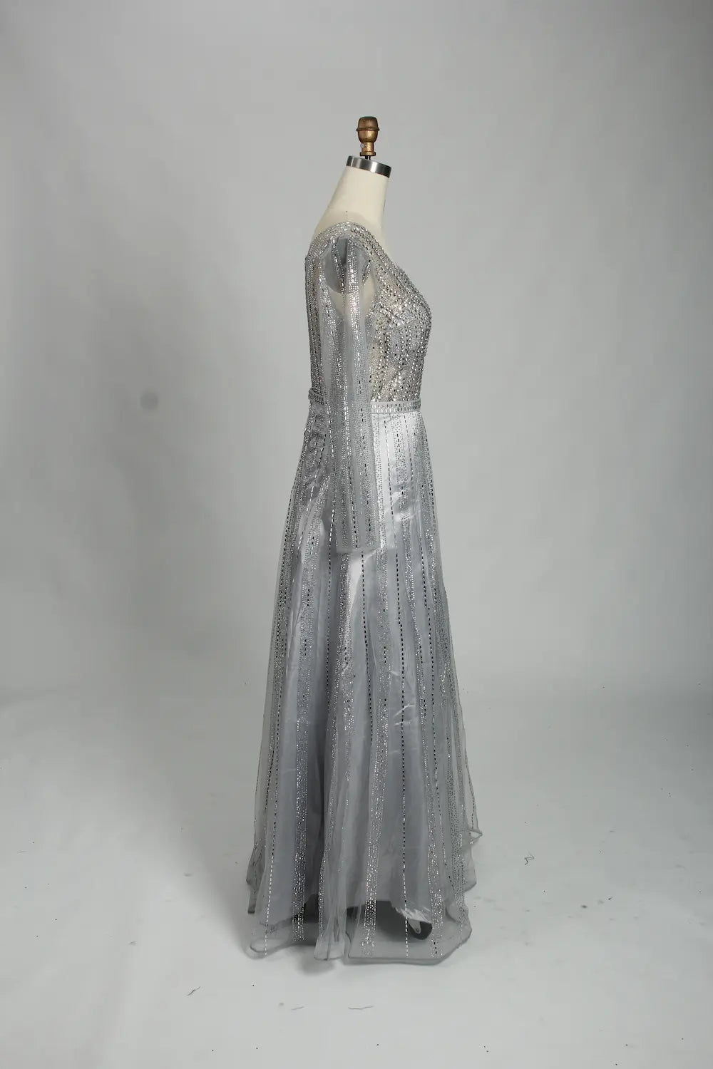 Silver Beaded Long Sleeve V-Neck A-Line Mother of the Bride Dress MK124