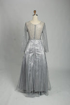 Silver Beaded Long Sleeve V-Neck A-Line Mother of the Bride Dress MK124