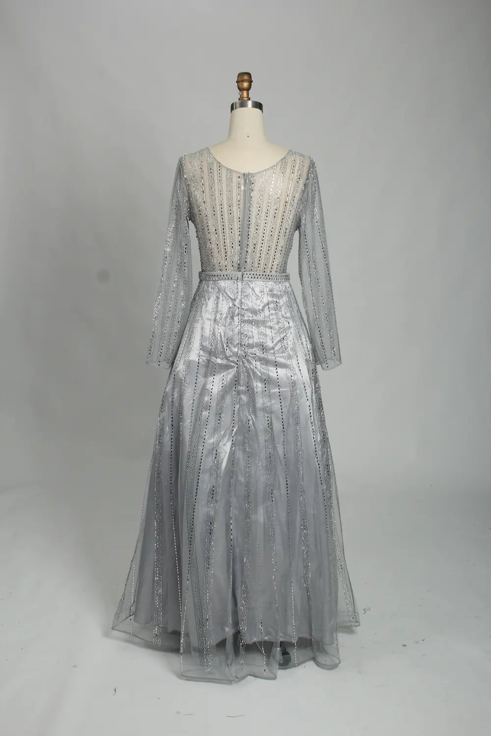 Silver Beaded Long Sleeve V-Neck A-Line Mother of the Bride Dress MK124