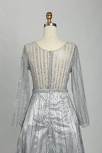 Silver Beaded Long Sleeve V-Neck A-Line Mother of the Bride Dress MK124