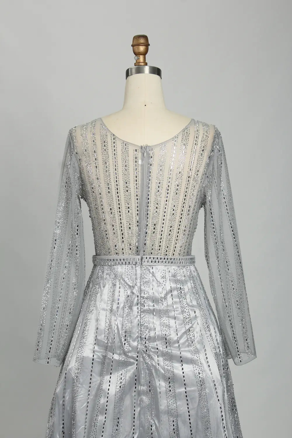 Silver Beaded Long Sleeve V-Neck A-Line Mother of the Bride Dress MK124