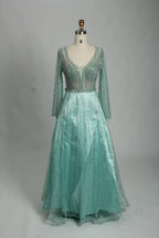 Silver Beaded Long Sleeve V-Neck A-Line Mother of the Bride Dress MK124