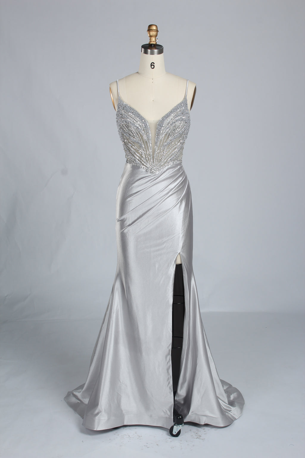 Wholesale Silver Pearl-Embellished Spaghetti-Strap Evening Gown 33298B