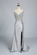 Wholesale Silver Pearl-Embellished Spaghetti-Strap Evening Gown 33298B