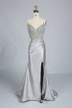 Wholesale Silver Pearl-Embellished Spaghetti-Strap Evening Gown 33298B
