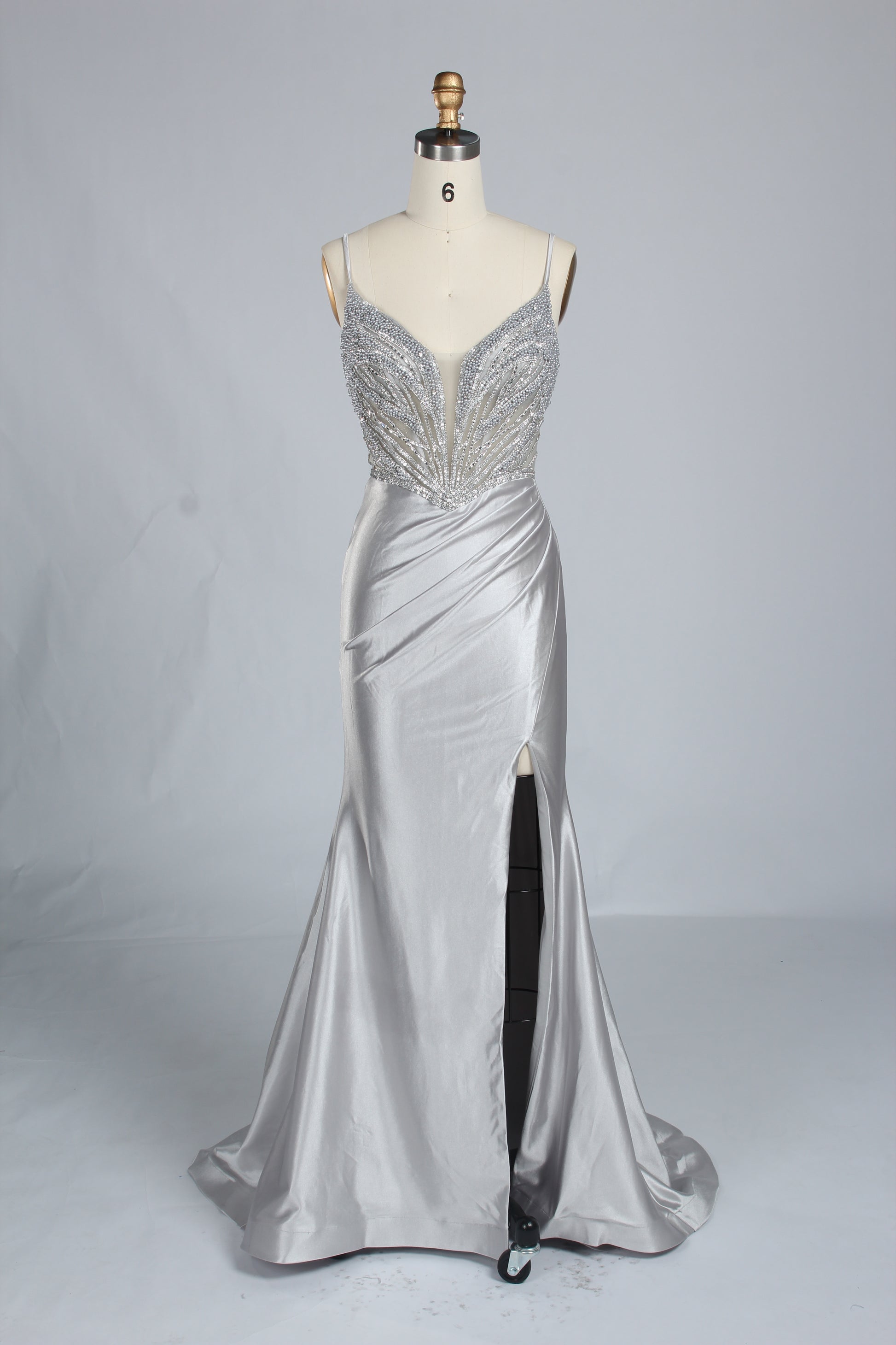 Wholesale Silver Pearl-Embellished Spaghetti-Strap Evening Gown 33298B