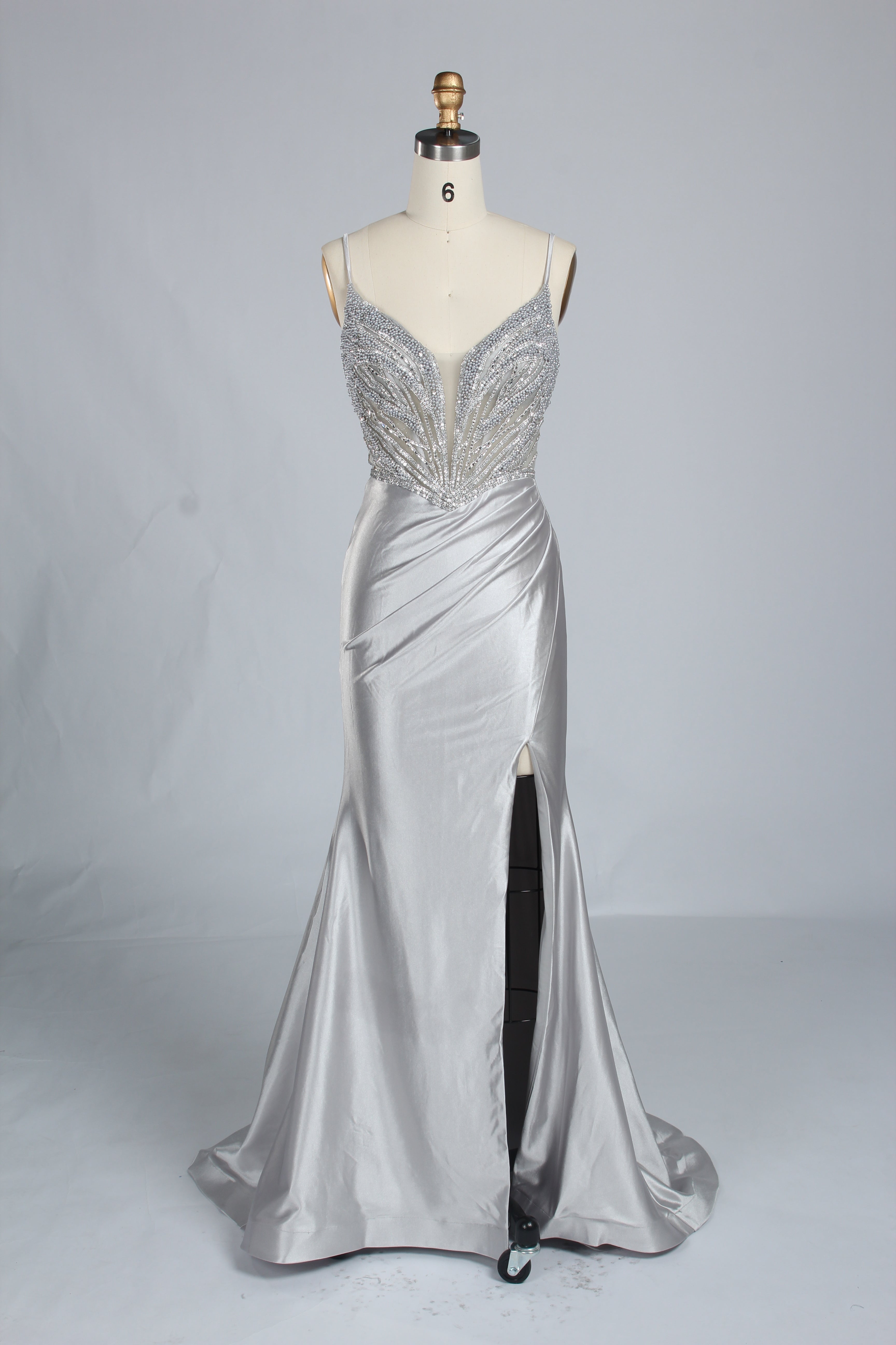 Wholesale Silver Pearl-Embellished Spaghetti-Strap Evening Gown 33298B