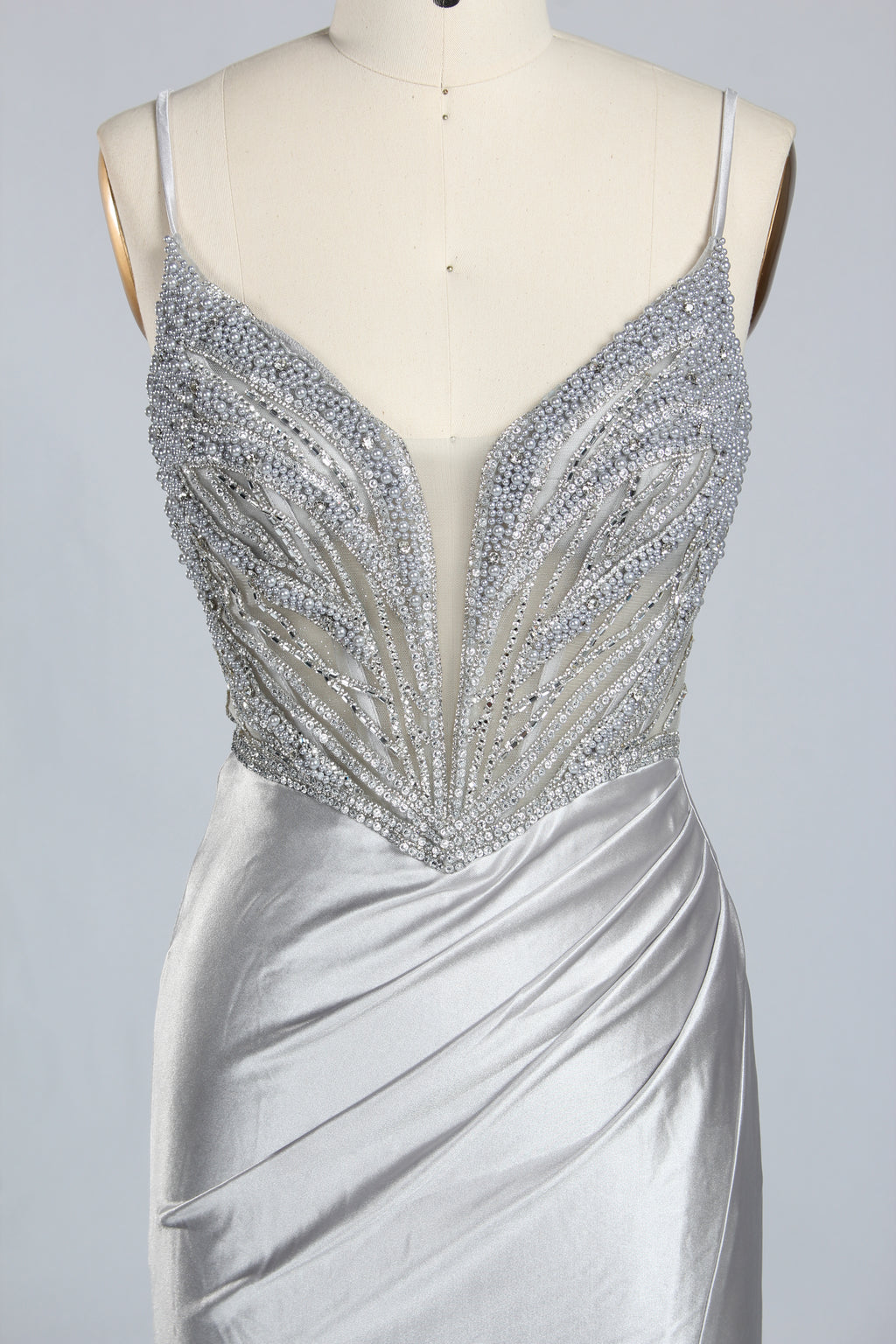 Wholesale Silver Pearl-Embellished Spaghetti-Strap Evening Gown 33298B