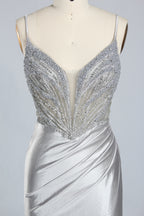Wholesale Silver Pearl-Embellished Spaghetti-Strap Evening Gown 33298B