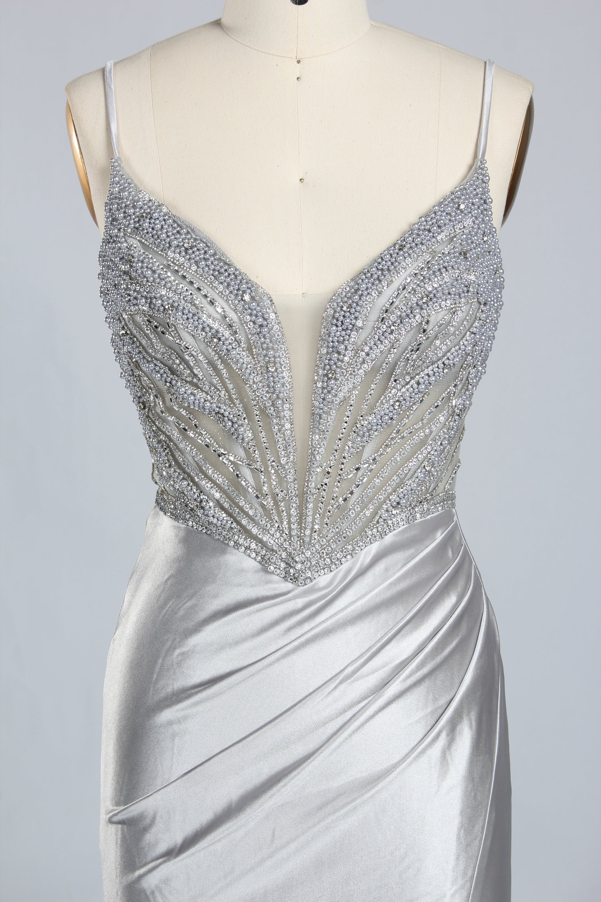 Wholesale Silver Pearl-Embellished Spaghetti-Strap Evening Gown 33298B