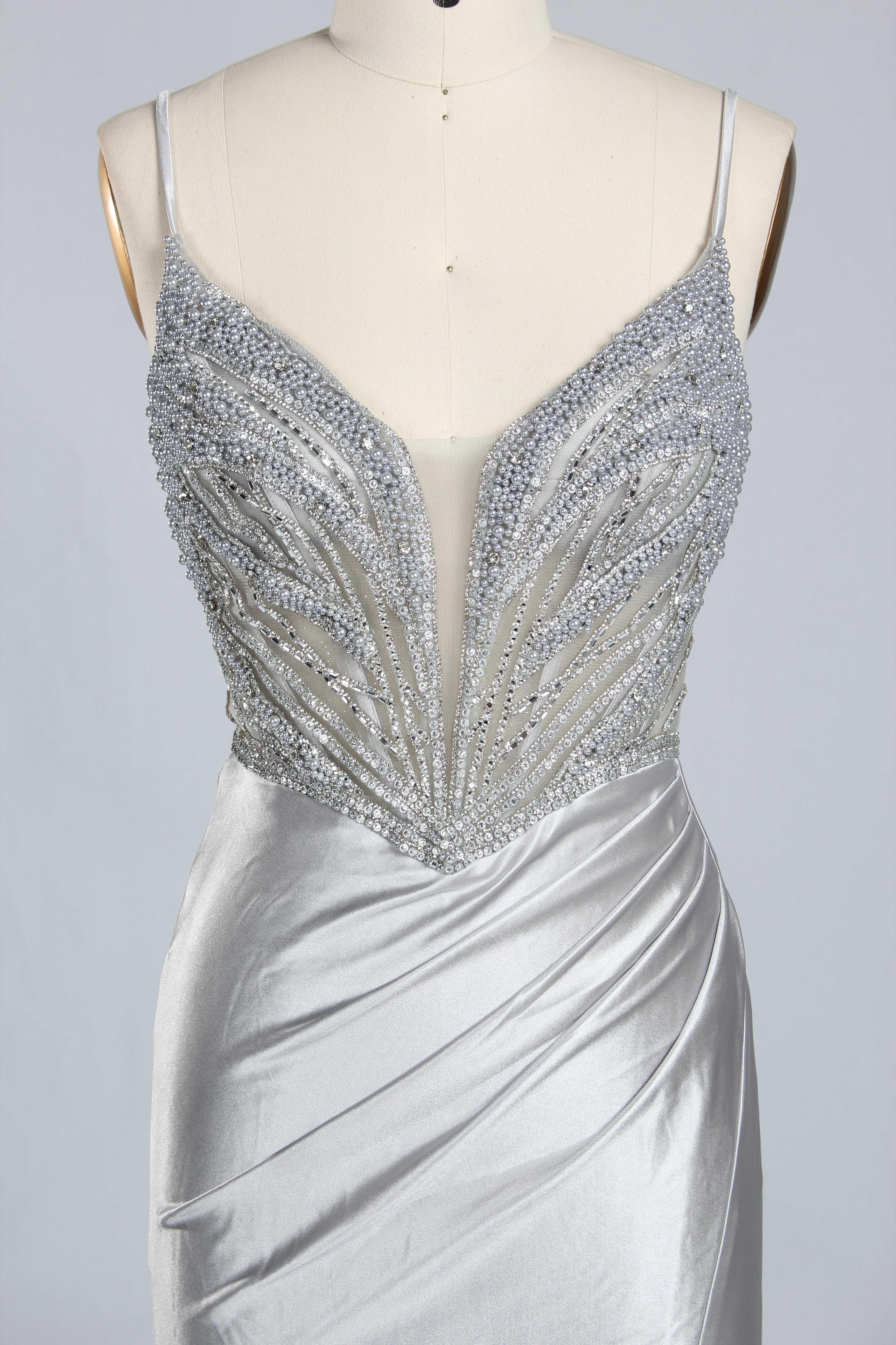 Wholesale Silver Pearl-Embellished Spaghetti-Strap Evening Gown 33298B