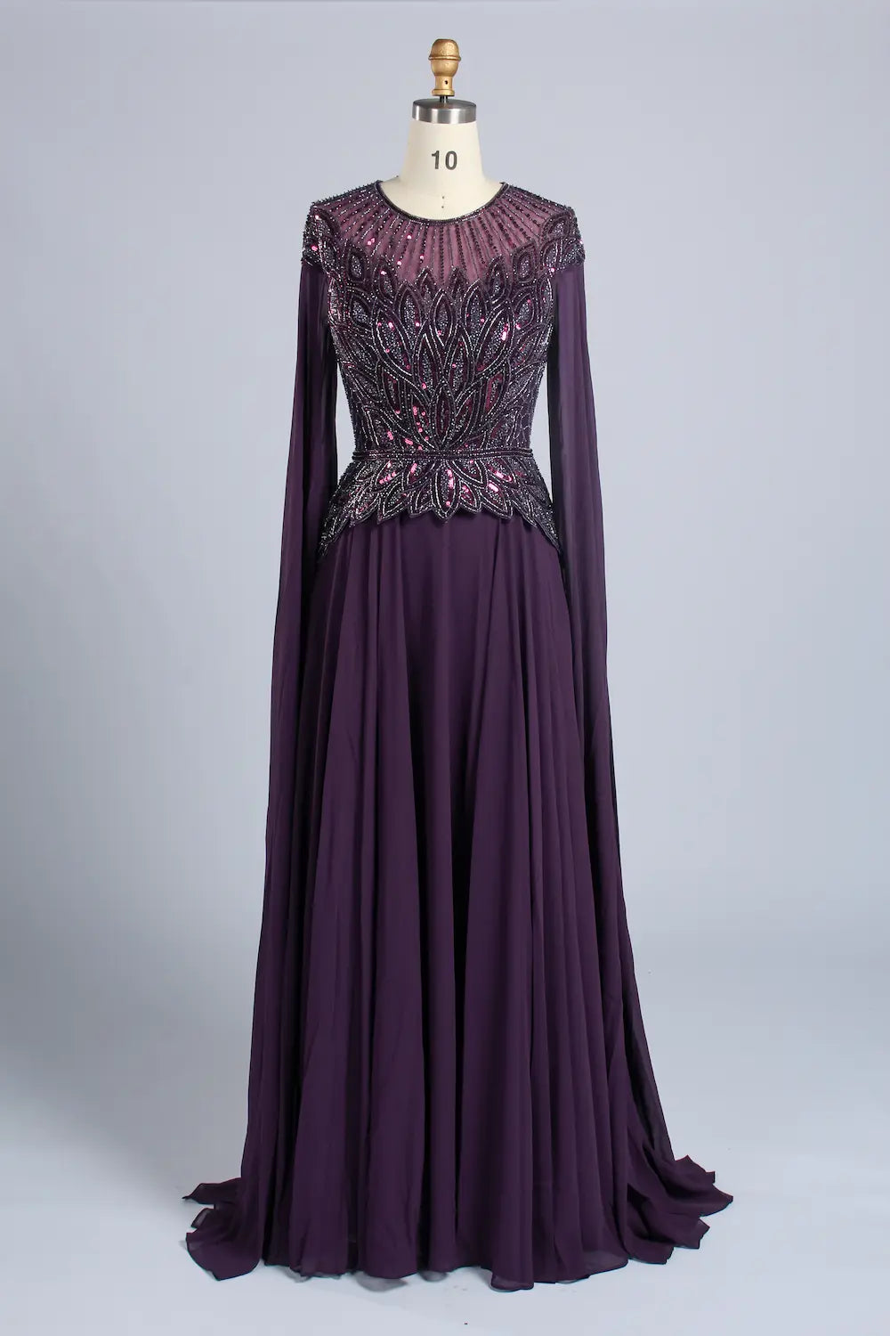Dark purple A-line chiffon gown with beaded V-neck bodice and long sleeves