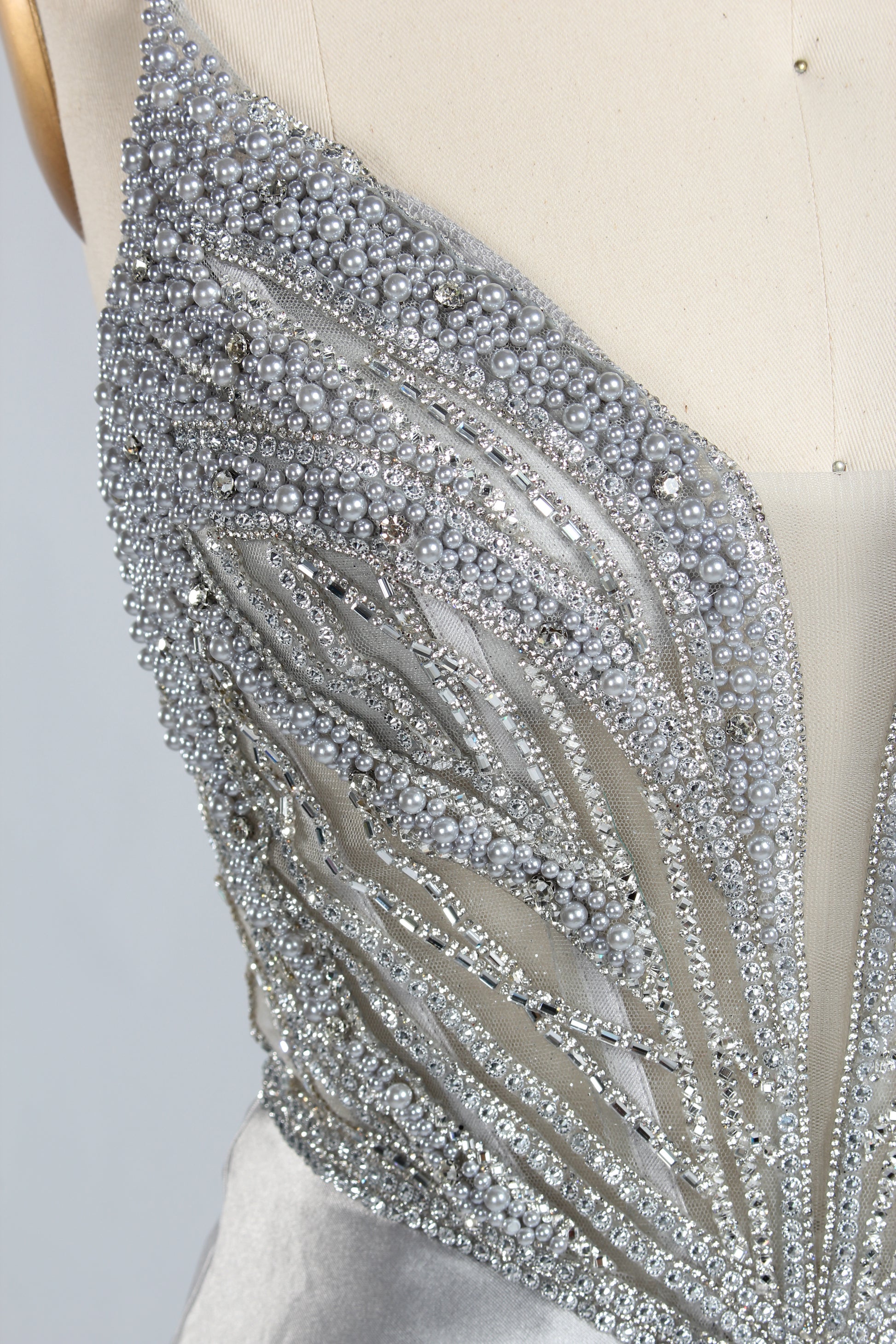 Wholesale Silver Pearl-Embellished Spaghetti-Strap Evening Gown 33298B
