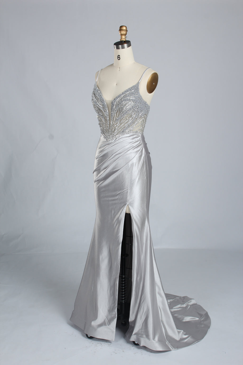 Wholesale Silver Pearl-Embellished Spaghetti-Strap Evening Gown 33298B