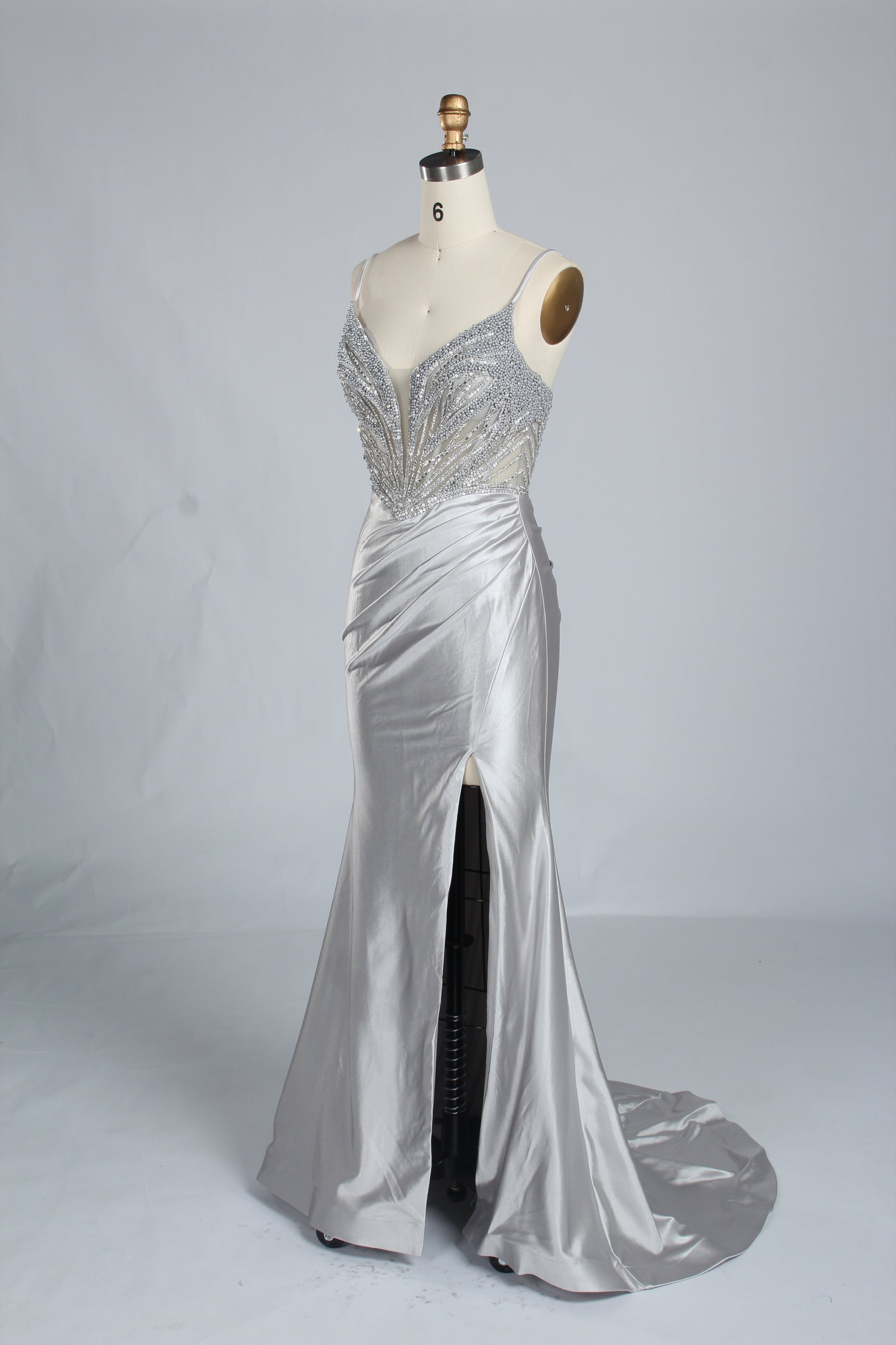 Wholesale Silver Pearl-Embellished Spaghetti-Strap Evening Gown 33298B