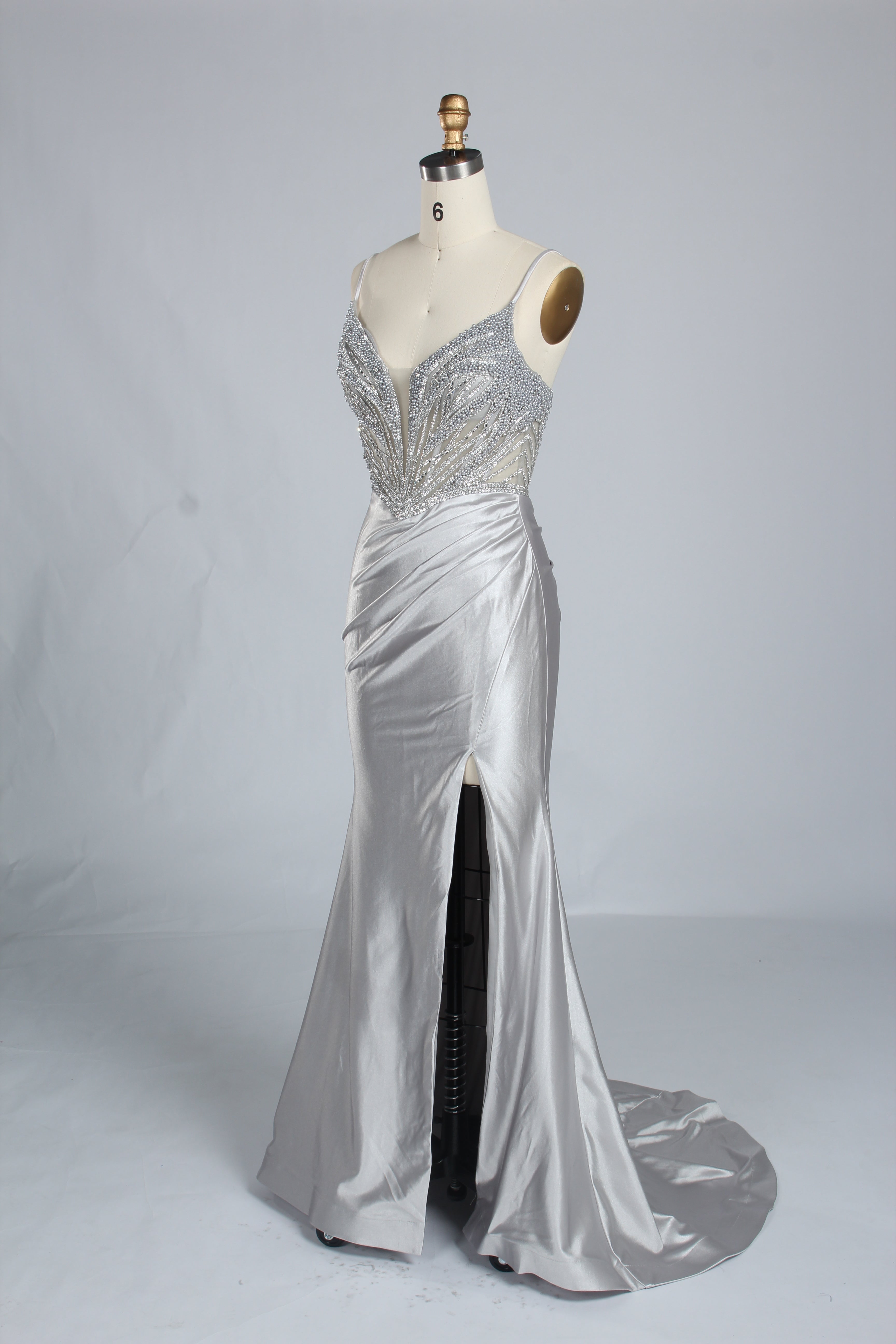 Wholesale Silver Pearl-Embellished Spaghetti-Strap Evening Gown 33298B
