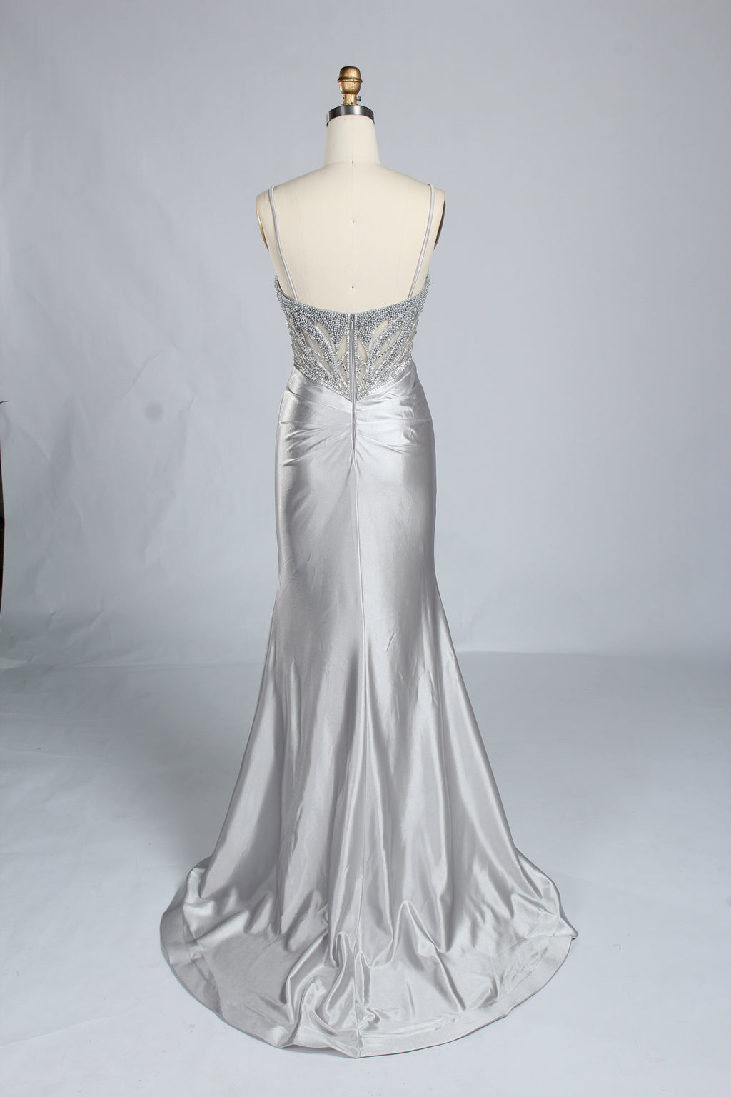 Wholesale Silver Pearl-Embellished Spaghetti-Strap Evening Gown 33298B
