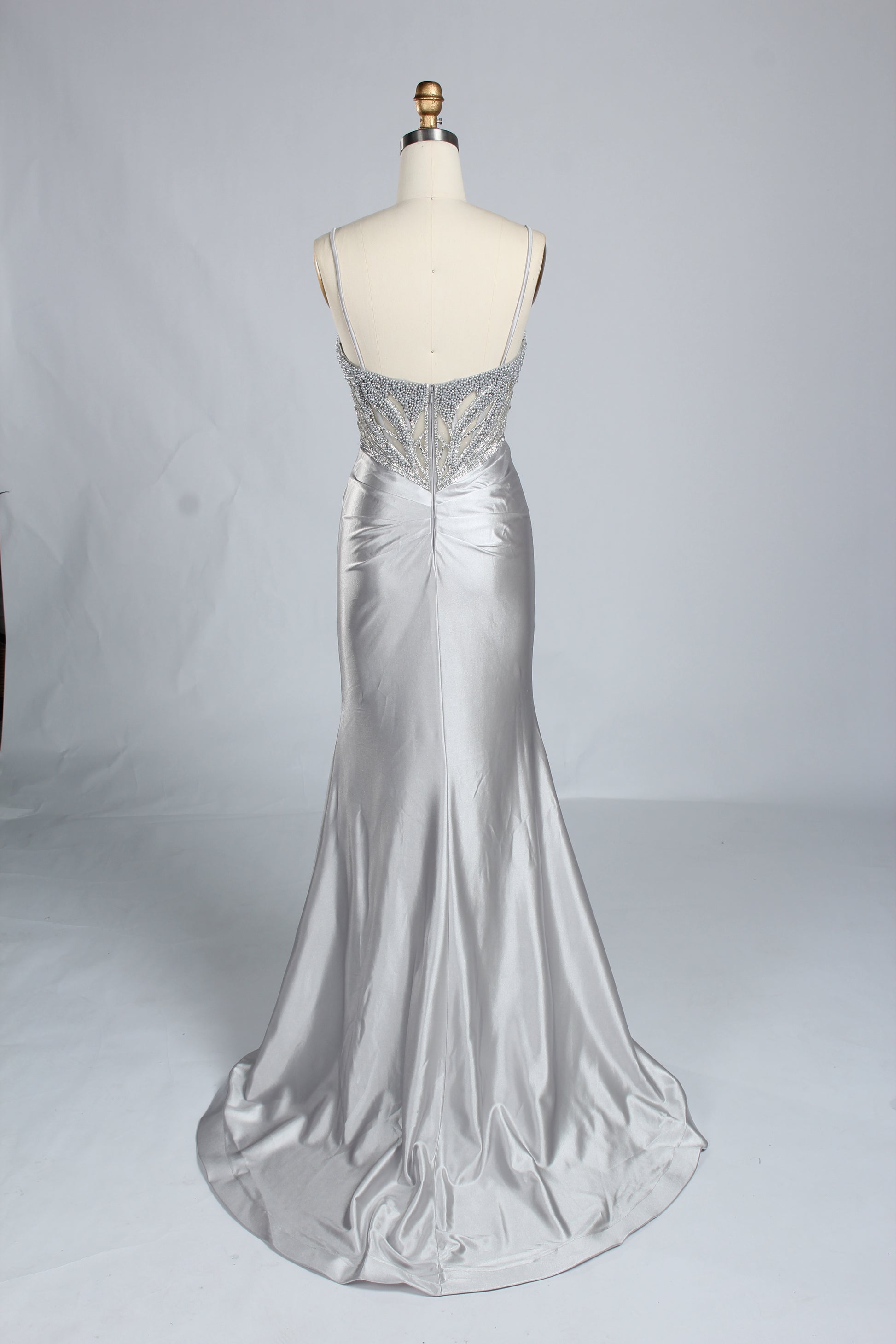 Wholesale Silver Pearl-Embellished Spaghetti-Strap Evening Gown 33298B