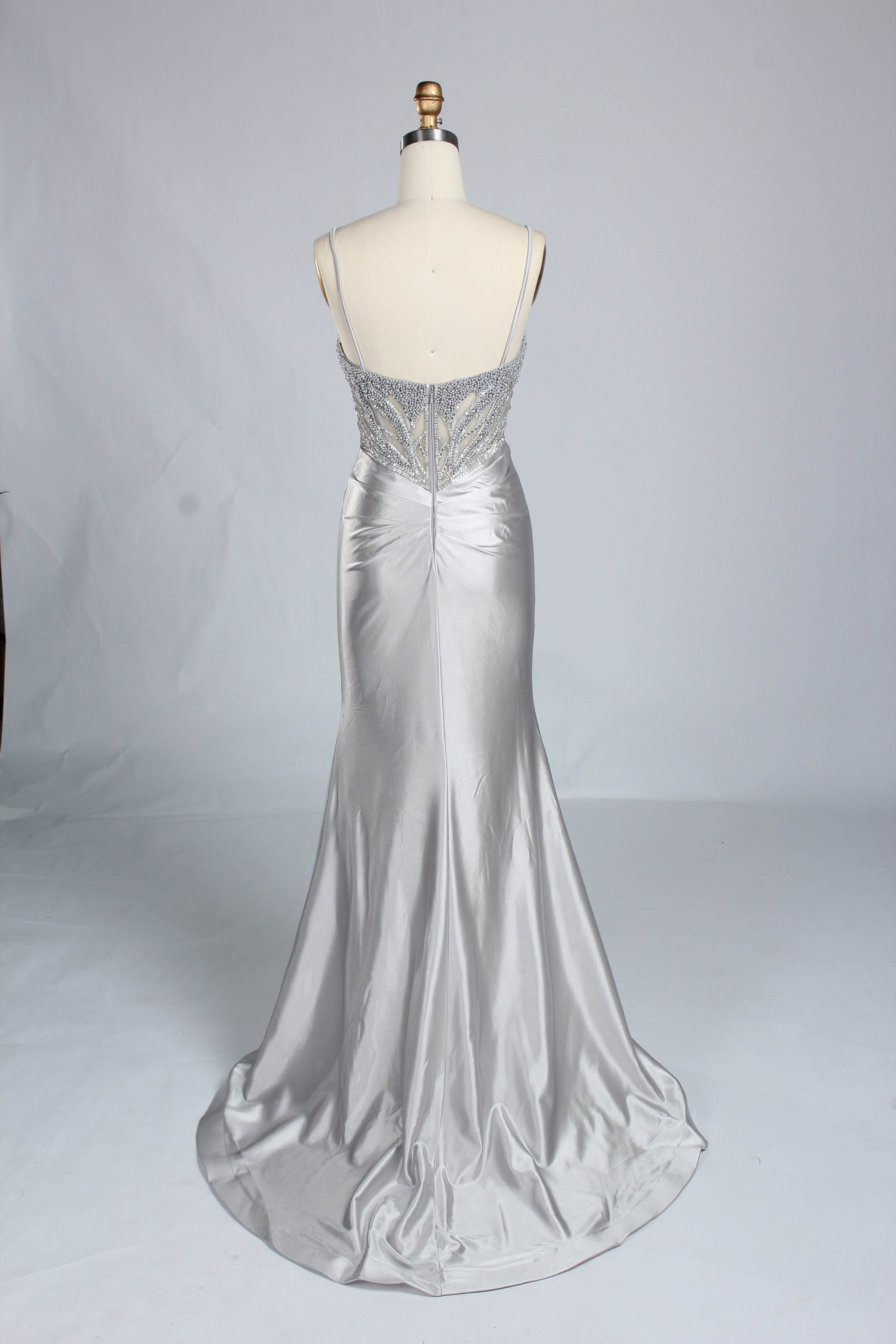 Wholesale Silver Pearl-Embellished Spaghetti-Strap Evening Gown 33298B
