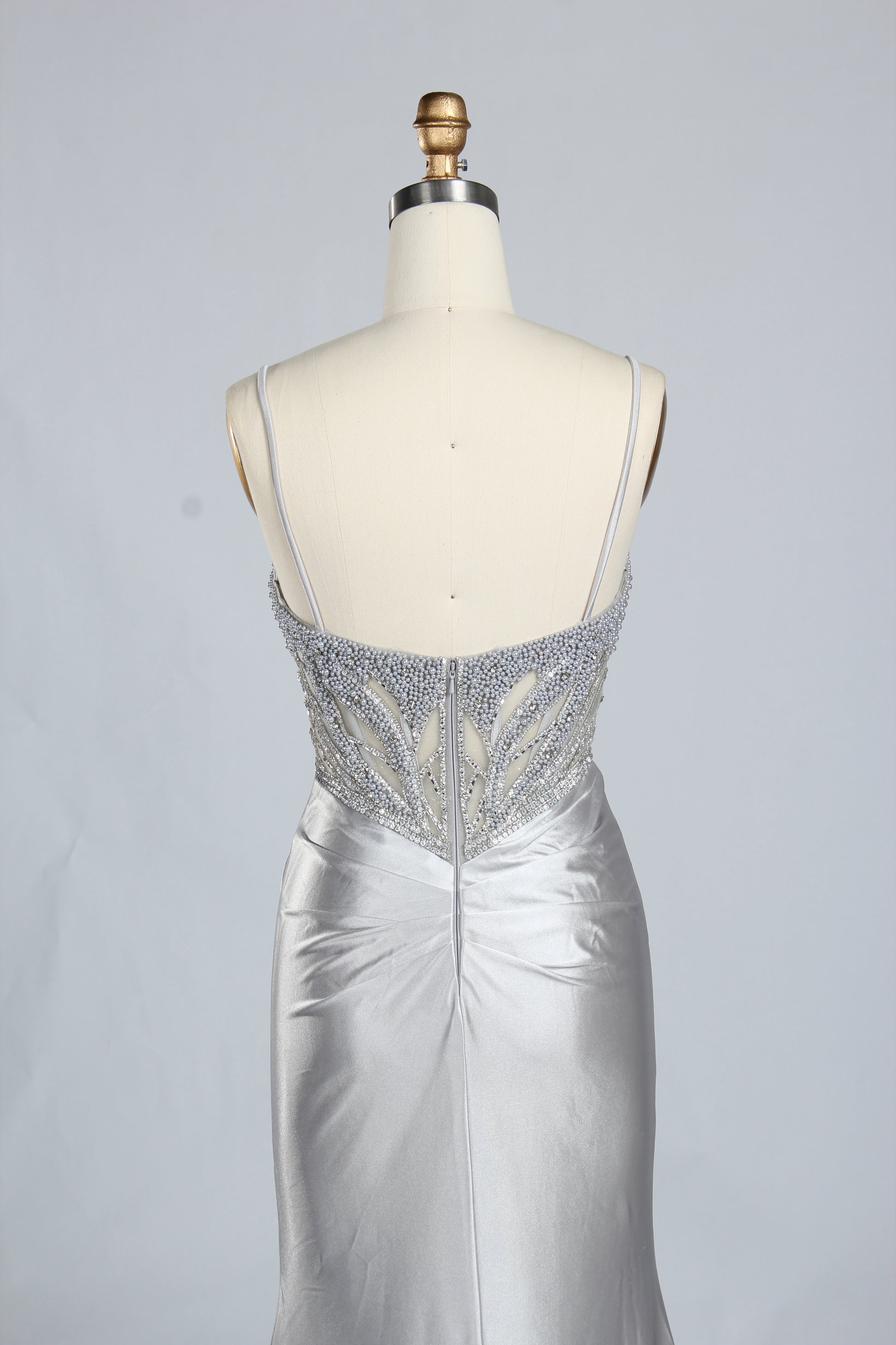 Wholesale Silver Pearl-Embellished Spaghetti-Strap Evening Gown 33298B